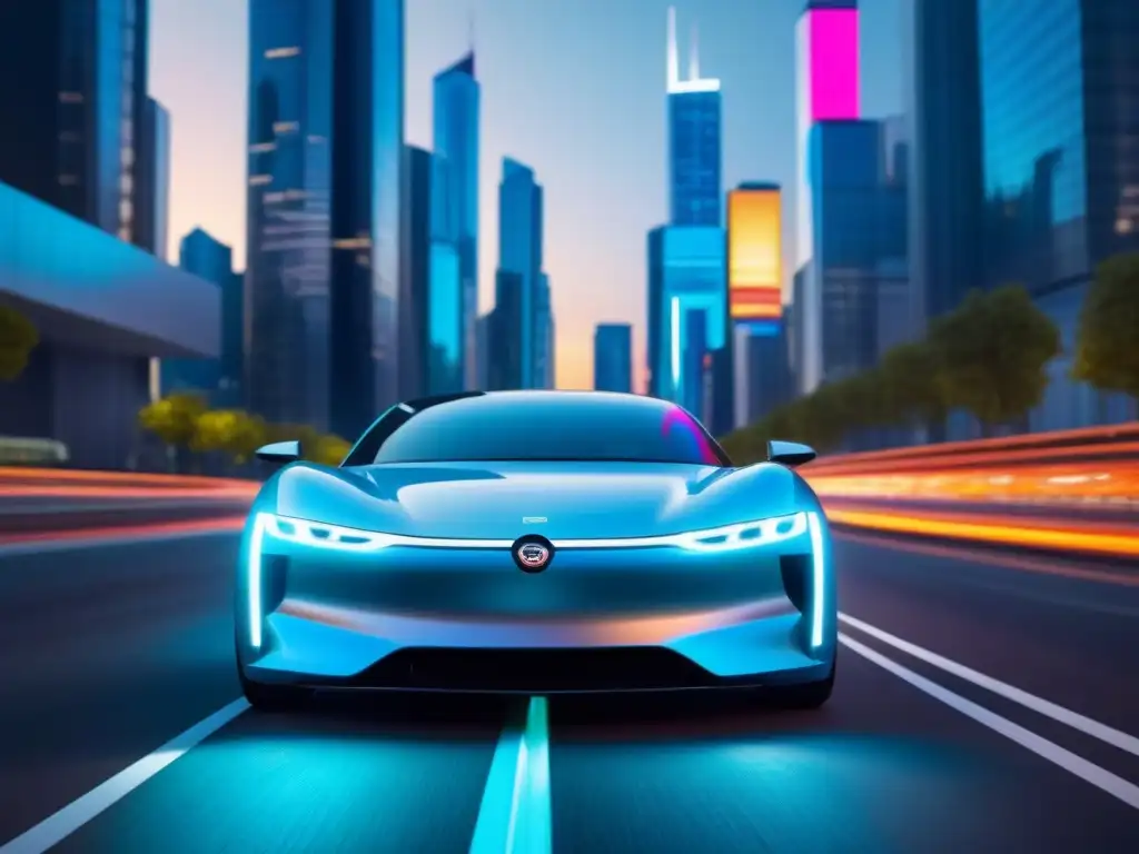 Un coche eléctrico futurista con IA en una autopista de neón, reflejando innovación y sofisticación