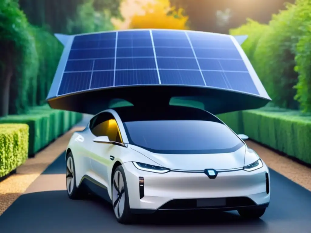 Un coche eléctrico futurista con paneles solares integrados, bajo un árbol