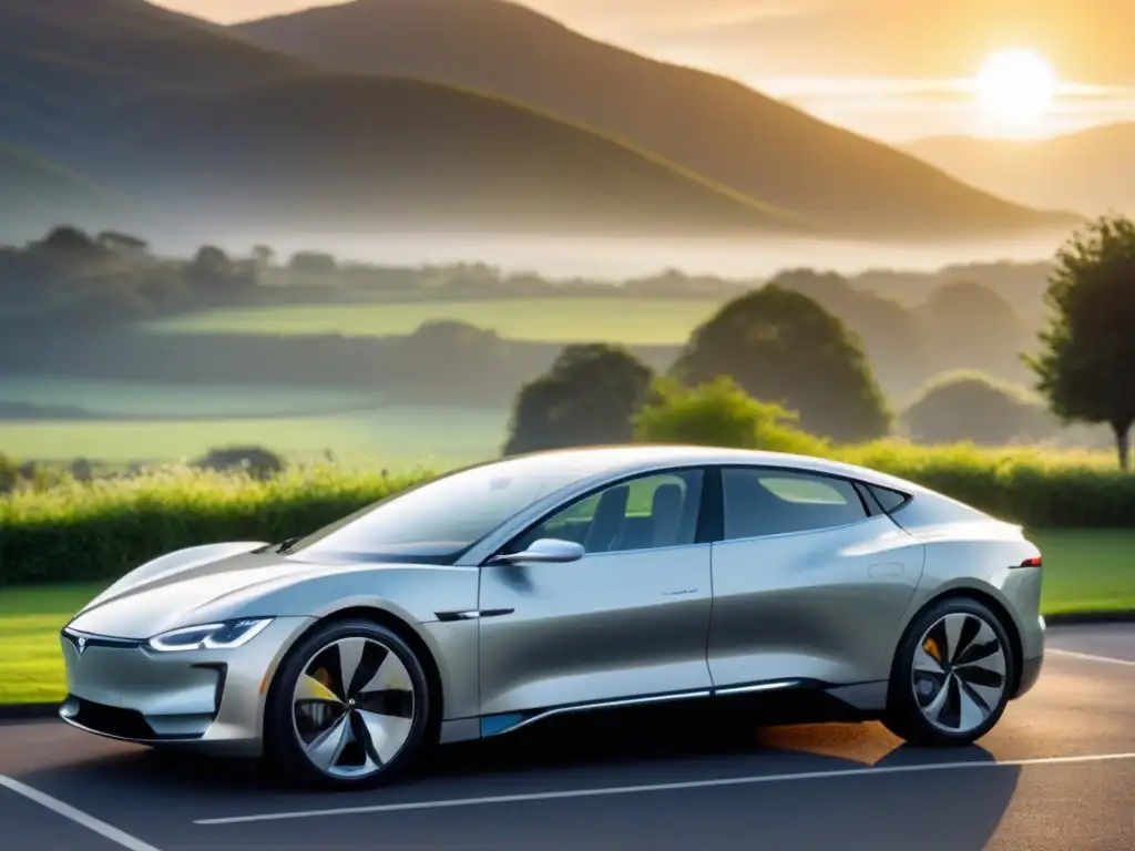 Coche eléctrico de lujo sostenible en estación de carga futurista, paisaje verde al atardecer