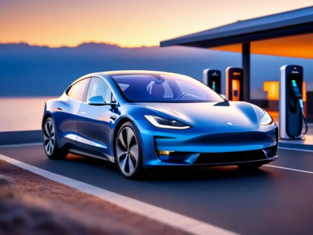 Coches eléctricos de alta gama sostenibles cargando en estación solar al atardecer vibrante