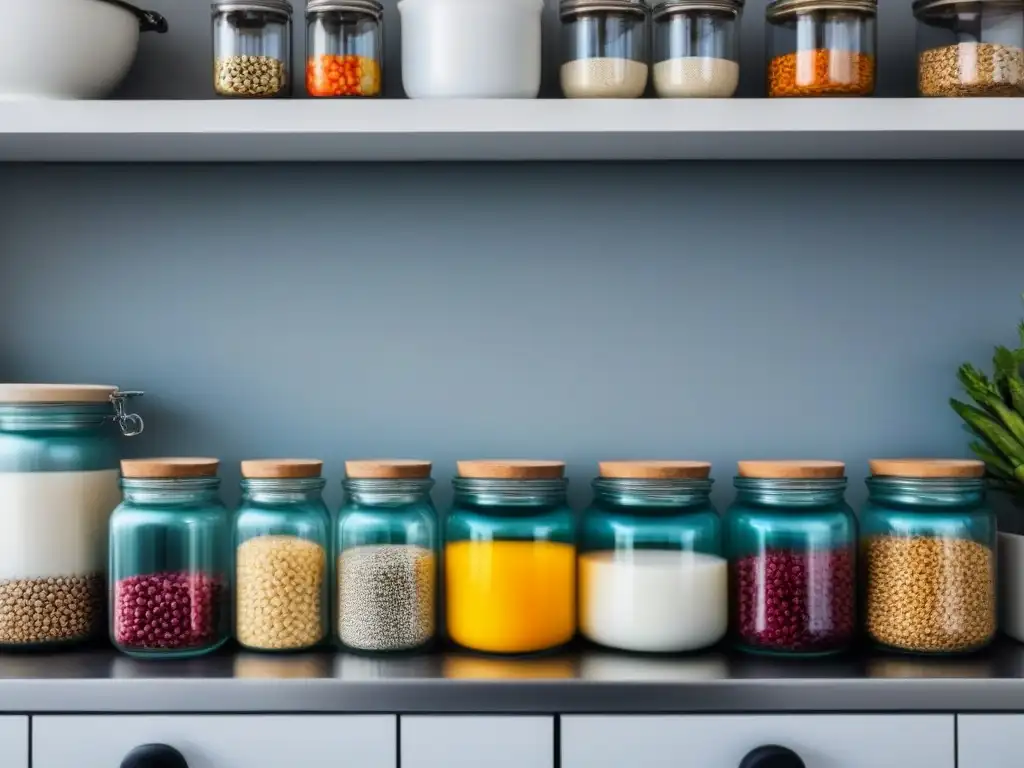 Una cocina blanca impecable con encimeras y armarios de acero inoxidable, organizados con frascos de vidrio llenos de alimentos a granel coloridos, ejemplificando la economía circular estilo vida sostenible en un entorno moderno y minimalista