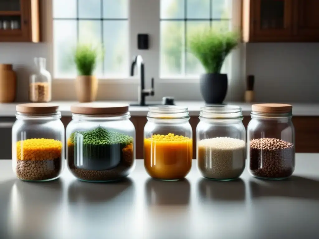 Cocina blanca impecable con frascos de alimentos a granel y una app de vida zero waste