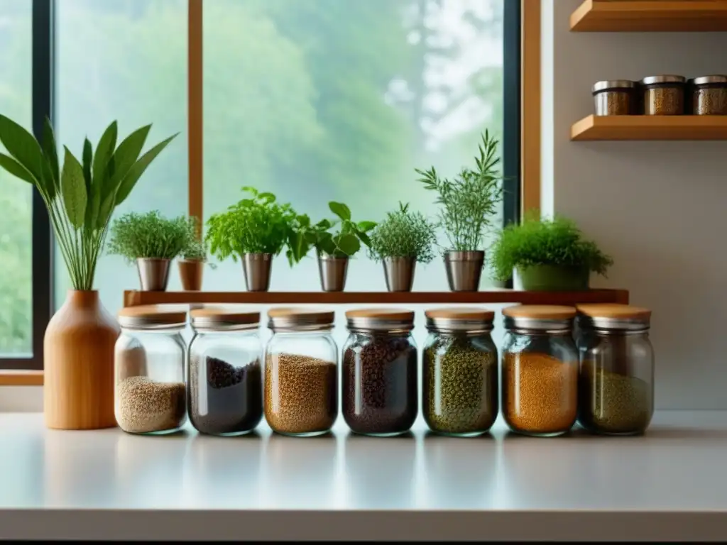 Cocina ecofriendly organizada con botes de cristal, recipientes de acero inoxidable y un contenedor de compostaje