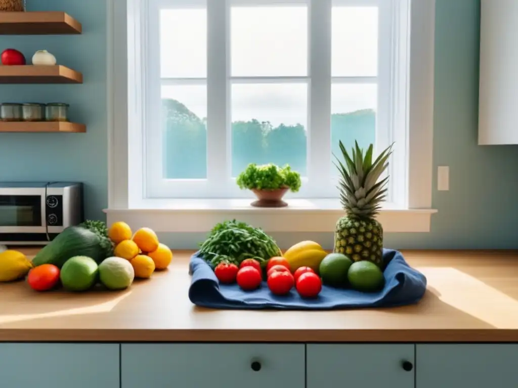 Cocina zero waste: Encimera con frutas y verduras frescas en envases reutilizables