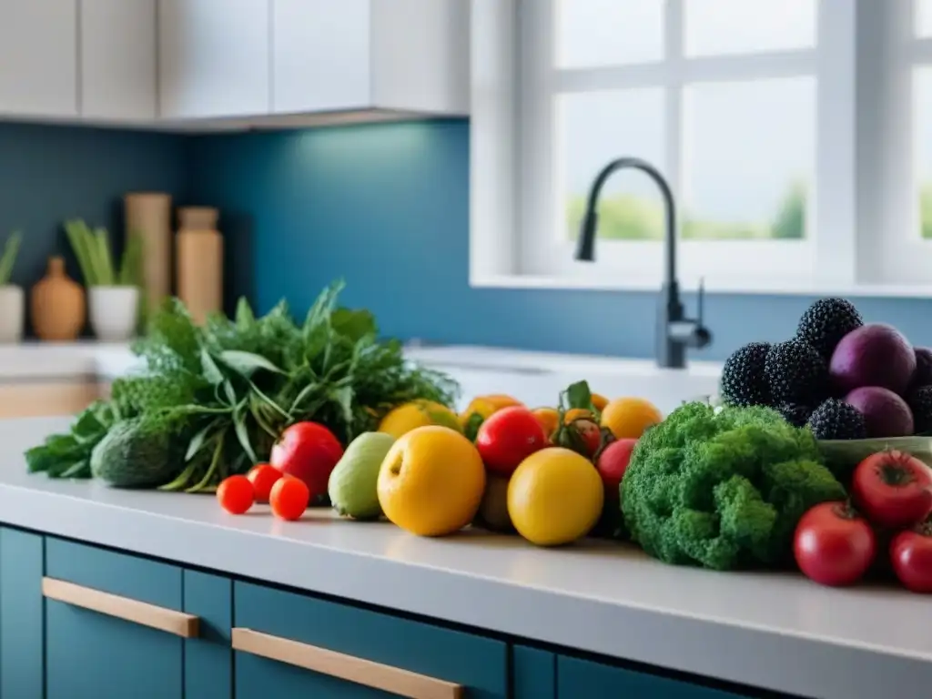 Cocina zero waste: Frutas y verduras coloridas en envases ecofriendly sobre encimera blanca