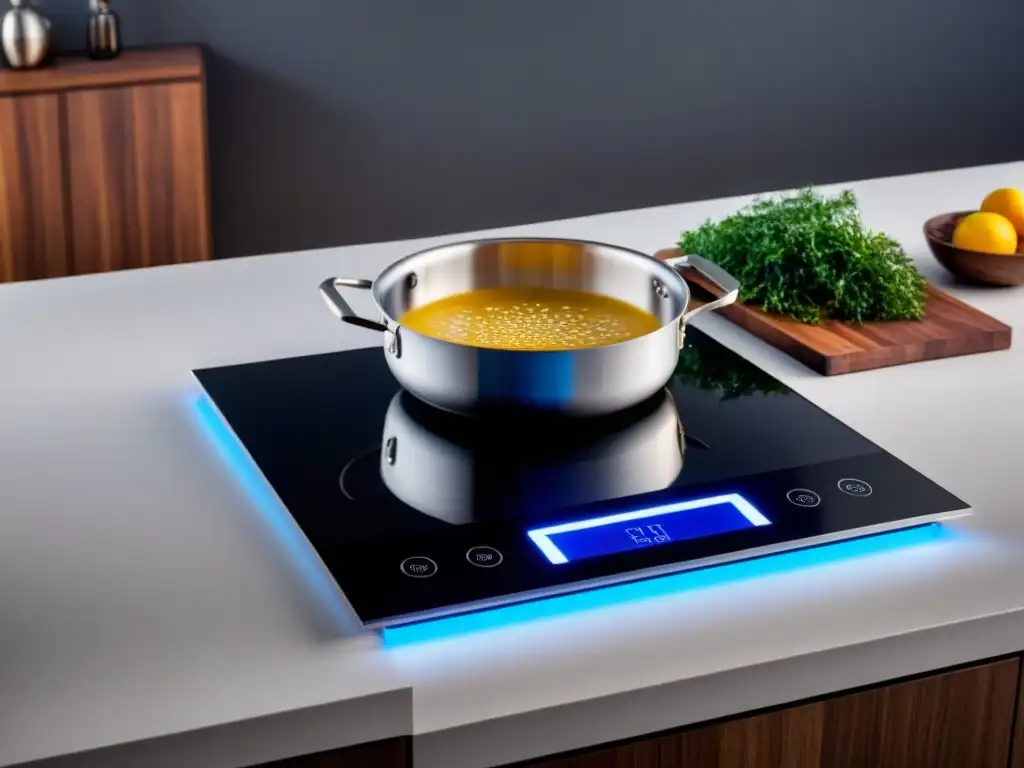 Cocina de inducción moderna y eficiente en ambiente elegante con panel táctil iluminado