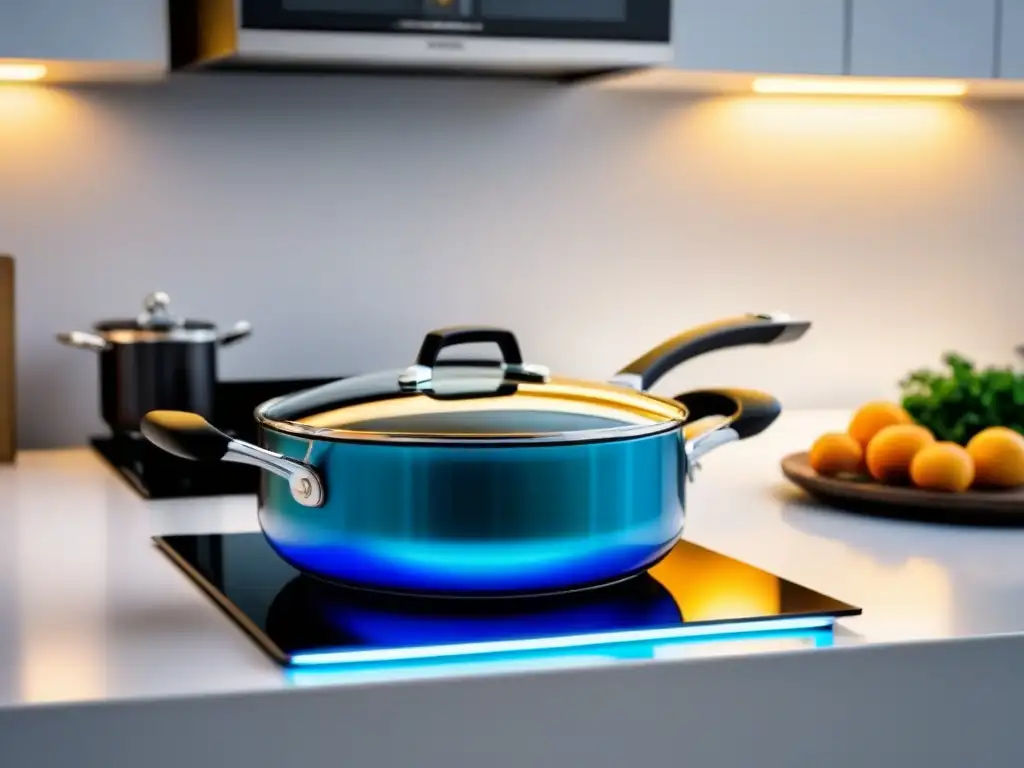 Cocina de inducción moderna y eficiente en azul con olla sobre quemador, en elegante cocina blanca con electrodomésticos de acero inoxidable