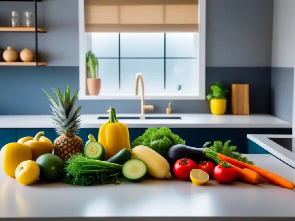 Cocina minimalista con alimentos coloridos en envases reutilizables, consejos zero waste cocina alimentos