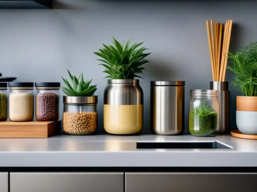 Cocina minimalista con contenedores de acero inoxidable organizados, promoción estilo de vida zero waste