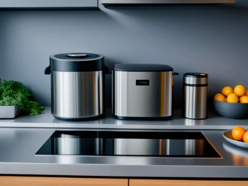 Una cocina minimalista con electrodomésticos de cocina zero waste en acero inoxidable y diseño futurista