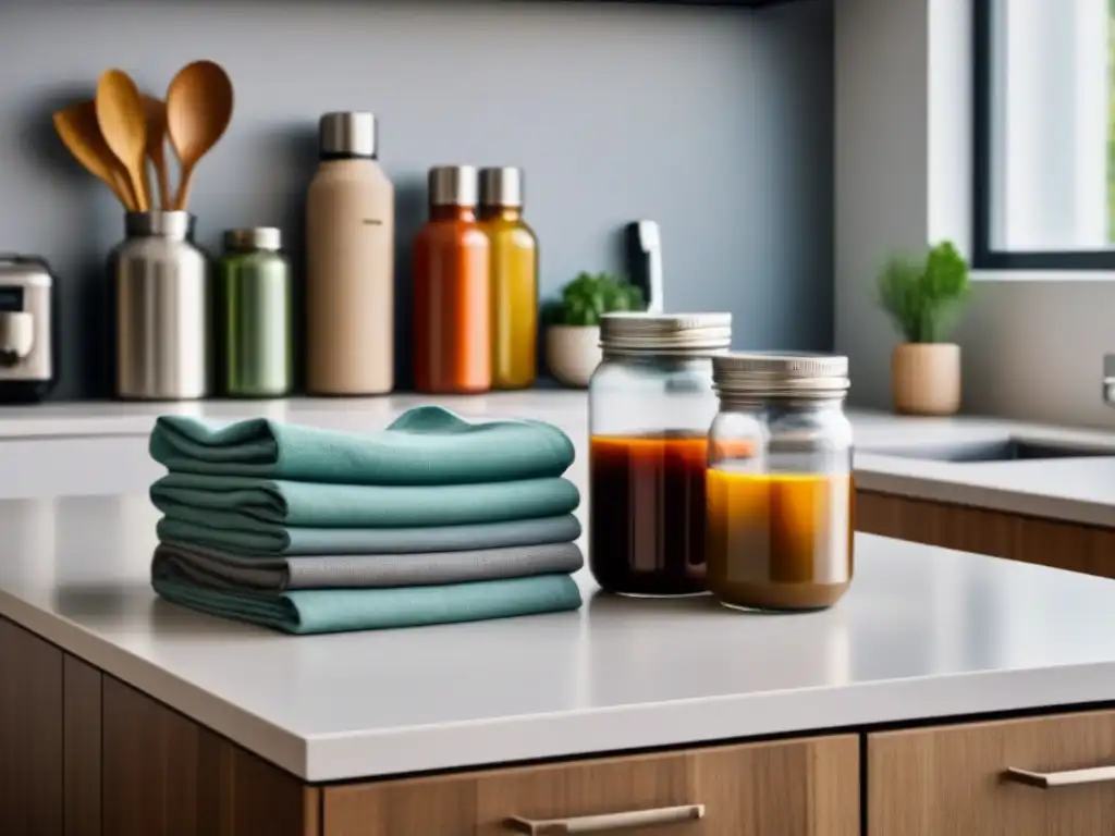 Una cocina minimalista con elementos reutilizables y ecofriendly organizados, siguiendo los Principios Zero Waste en Casa