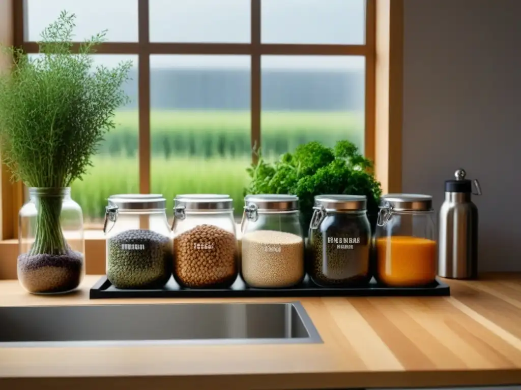 Una cocina minimalista con elementos sostenibles y un jardín de hierbas, promoviendo la protección de polinizadores