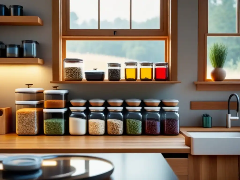 Cocina minimalista con estantes organizados, tarros de granos coloridos y contenedores reutilizables