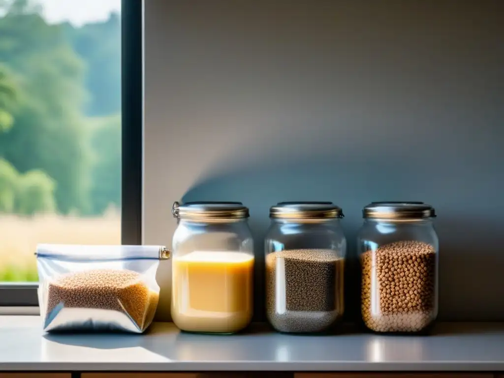 Cocina minimalista con frascos de vidrio y bolsas reutilizables