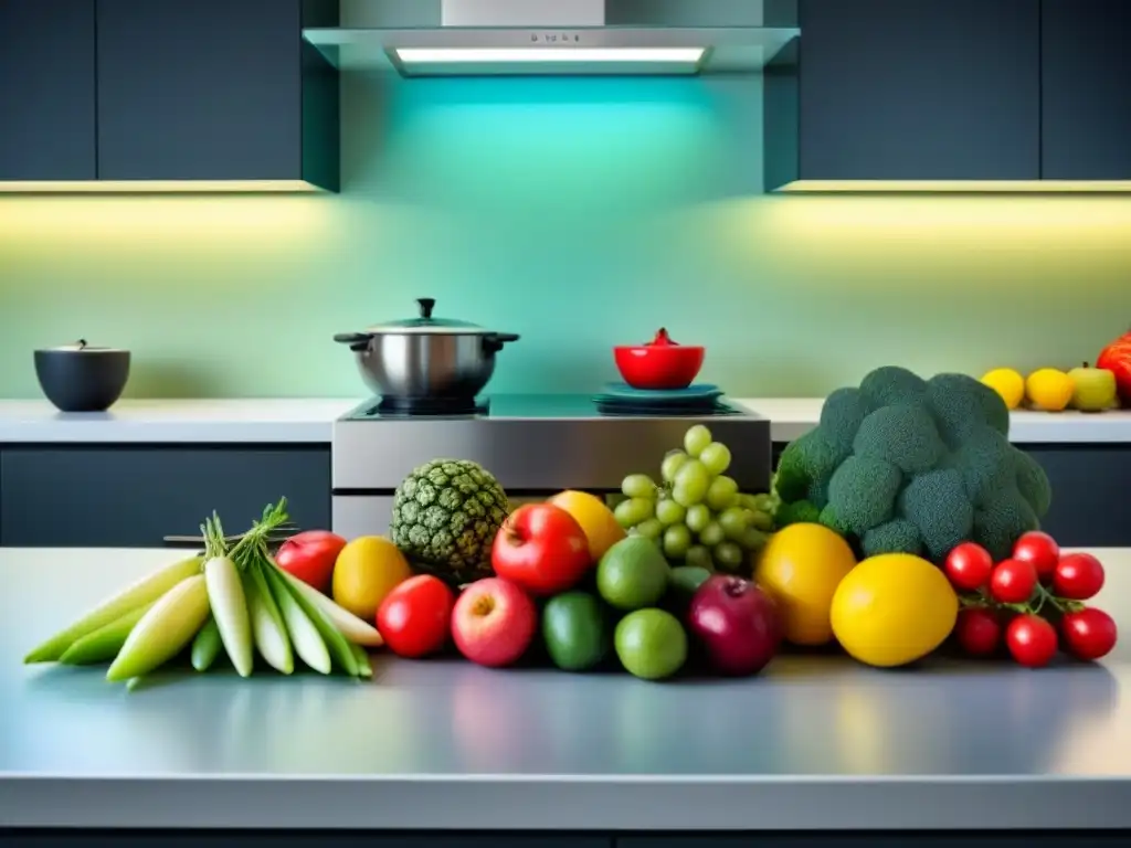 Una cocina minimalista con frutas y verduras frescas, vibrantes y coloridas