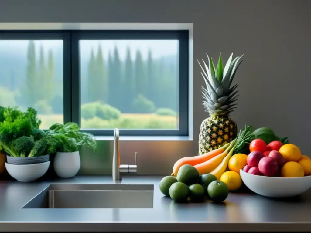 Una cocina minimalista con frutas y verduras frescas en patrones geométricos