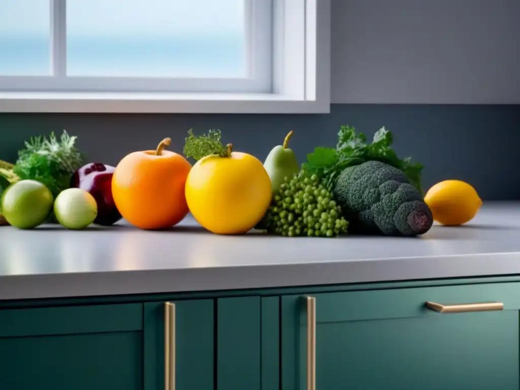 Una cocina minimalista con frutas y verduras coloridas y frescas, ideal para recetas sostenibles con ingredientes de temporada