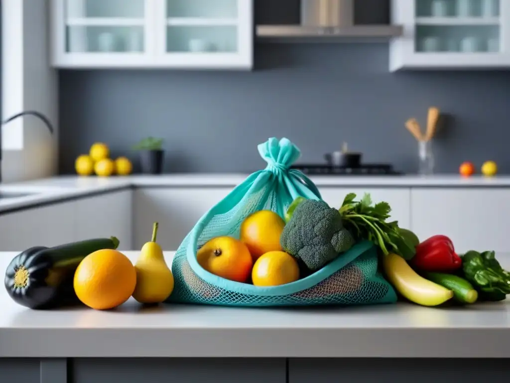 Una cocina minimalista con frutas y verduras frescas y coloridas en bolsas de malla reutilizables