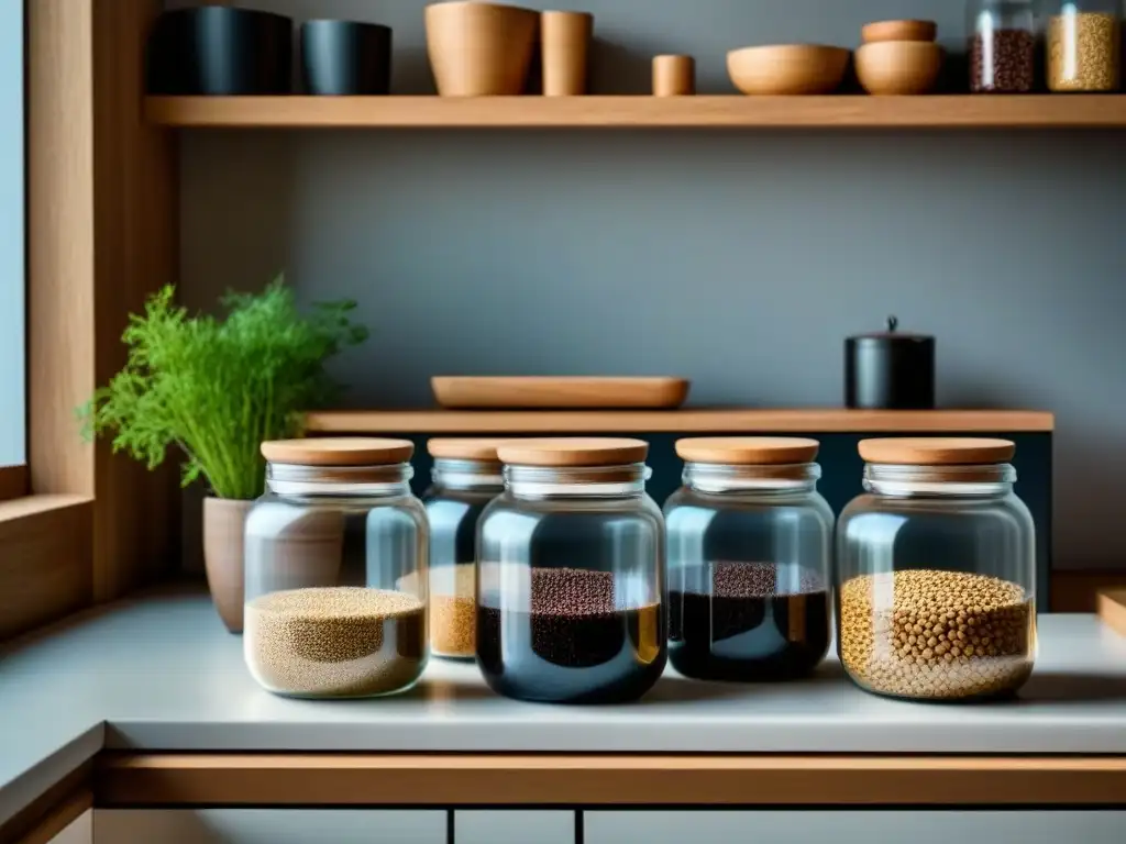 Cocina minimalista con organización de alimentos y utensilios, destacando los principios de cocina zero waste