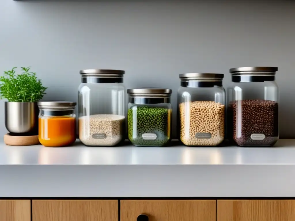 Cocina minimalista con tarros de alimentos a granel organizados y cubo de compostaje, promoviendo políticas públicas zero waste sostenible