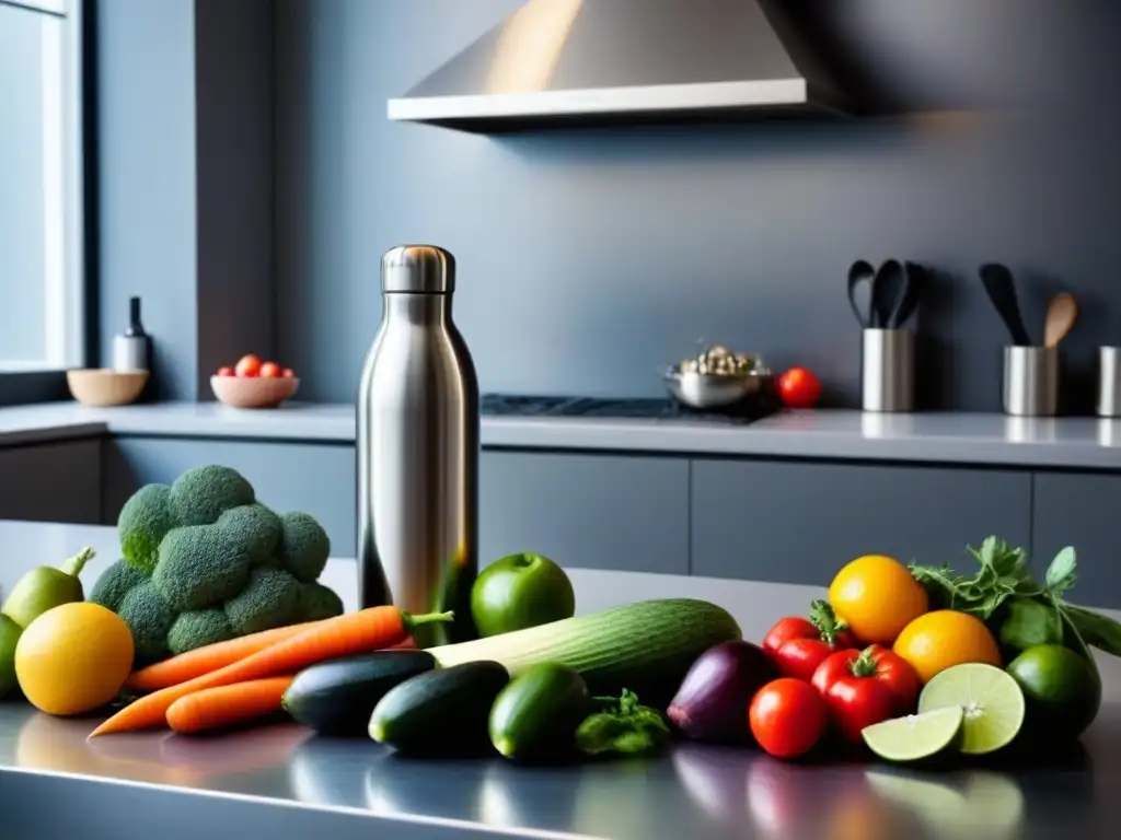 Una cocina minimalista con utensilios de chef, frutas y verduras coloridas, y una botella de agua reutilizable