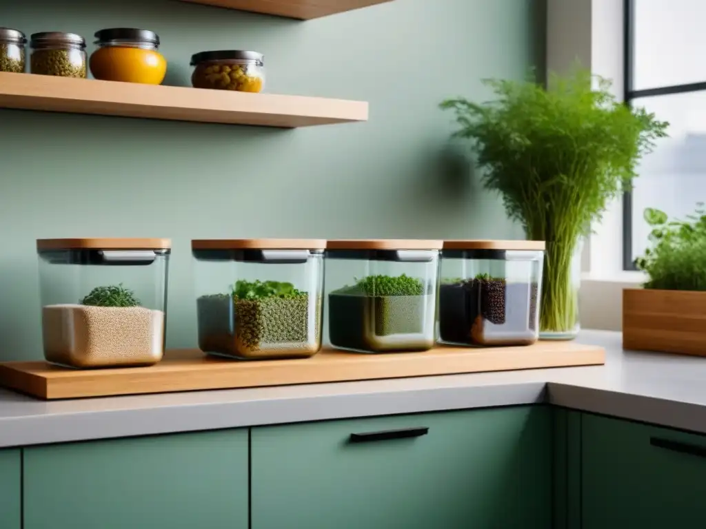 Una cocina moderna con contenedores zero waste de vidrio, bambú y acero inoxidable