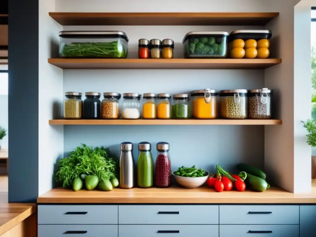 Una cocina moderna con diseño minimalista y elementos ecofriendly para reducir plástico en la cocina