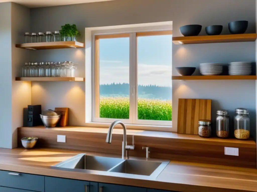 Una cocina moderna y ecoamigable con utensilios de bambú y bolsas de silicona reutilizables, iluminada por el sol