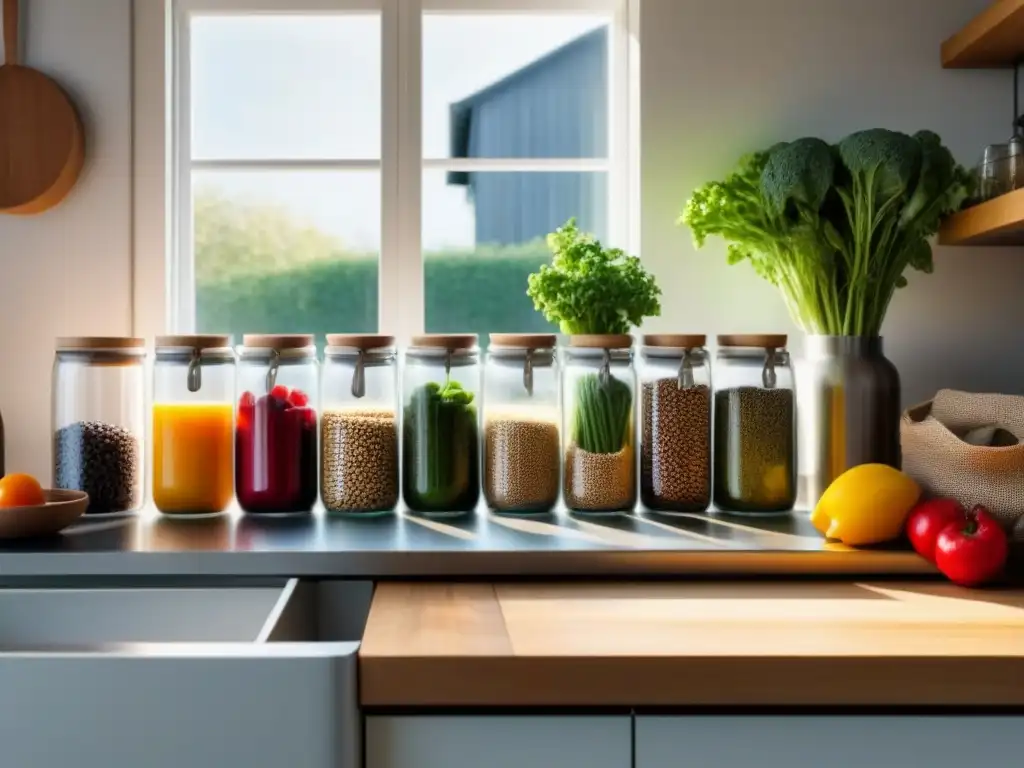 Una cocina moderna y ecológica, con utensilios de bambú, frutas y verduras coloridas en bolsas de tela, y una botella de agua reutilizable