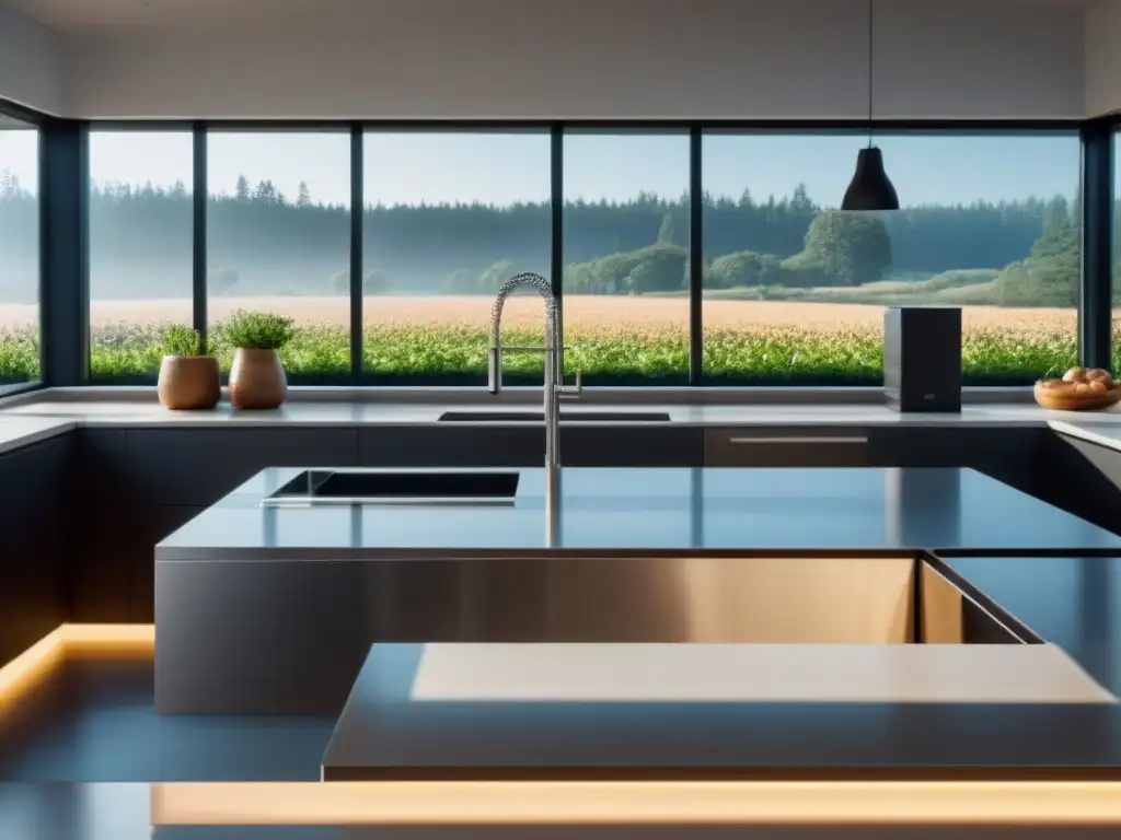 Kitchen moderna: integración de economía circular con estilo Una cocina moderna con economía circular estilo de vida: compostera de vidrio llena de restos de comida, luz natural y diseño minimalista