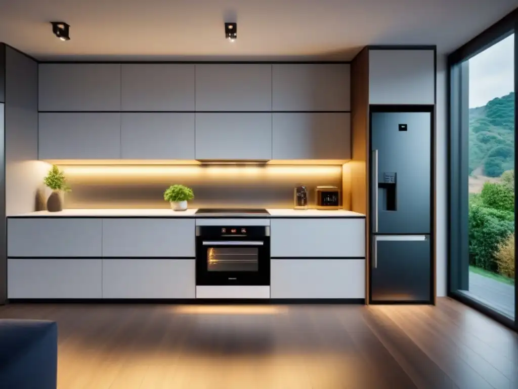 Una cocina moderna con electrodomésticos bajo consumo sostenibles, iluminada por luz natural suave