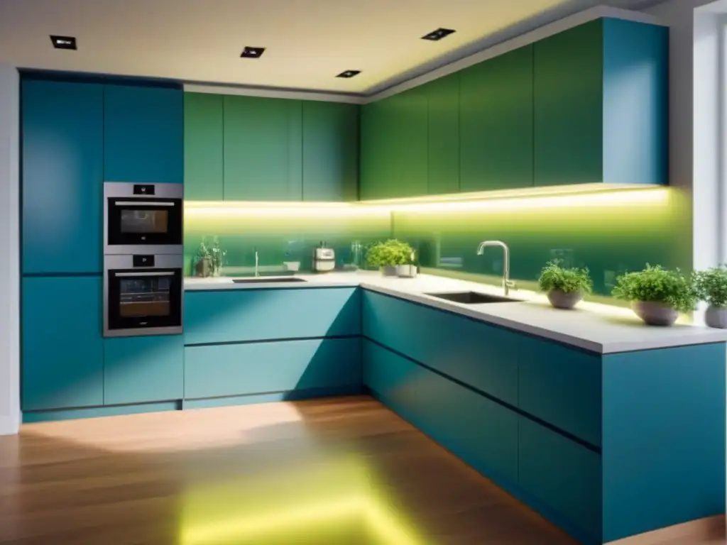 Una cocina moderna con electrodomésticos eficiencia energética sostenible en tonos verdes y azules, irradiando una luz ecoamigable