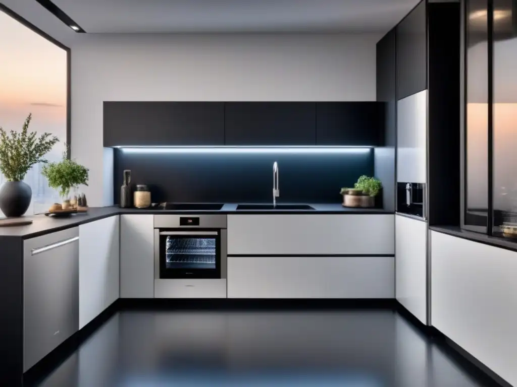 Cocina moderna con electrodomésticos eficientes en tonos plateados y negros, emitiendo una luz ecológica