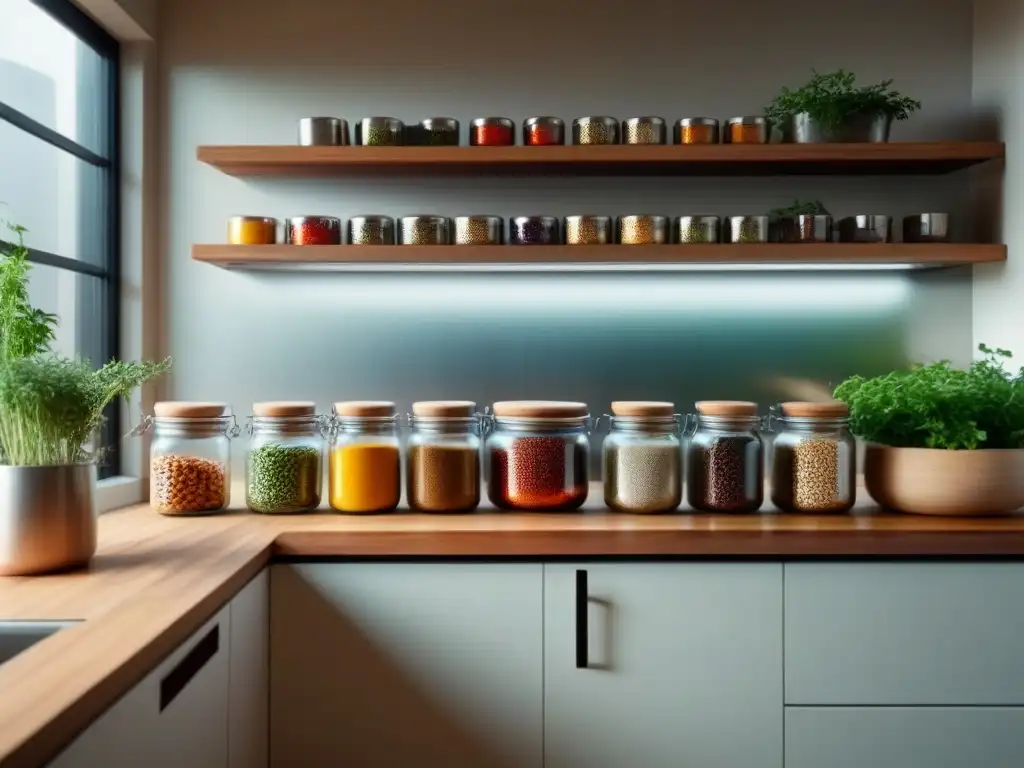 Una cocina moderna con elementos sostenibles y una variedad de alimentos naturales y coloridos