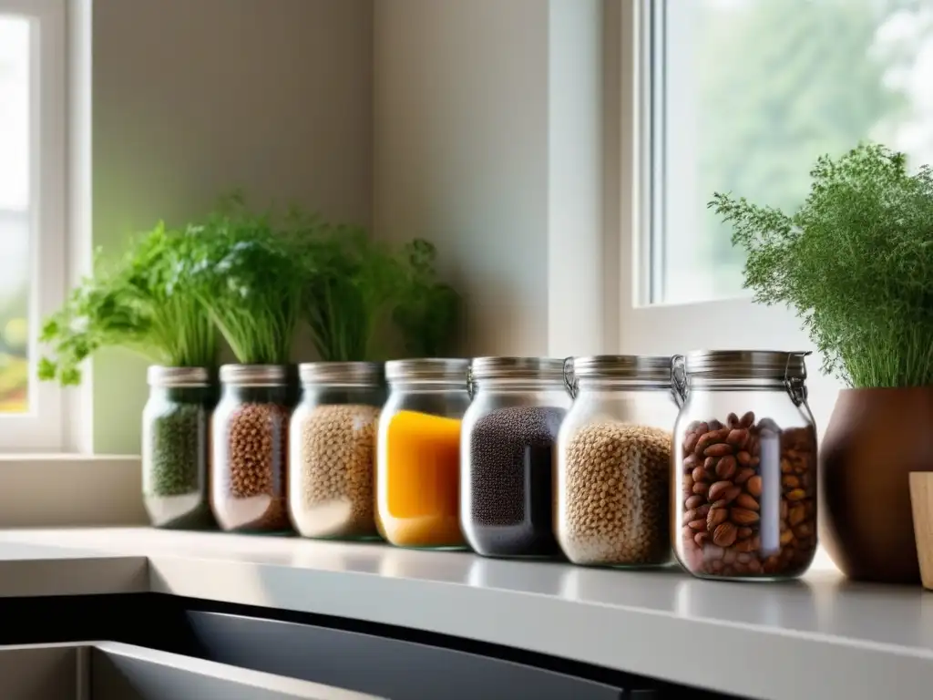 Una cocina moderna con elementos zero waste: tarros de alimentos a granel, bolsas de tela y compostera