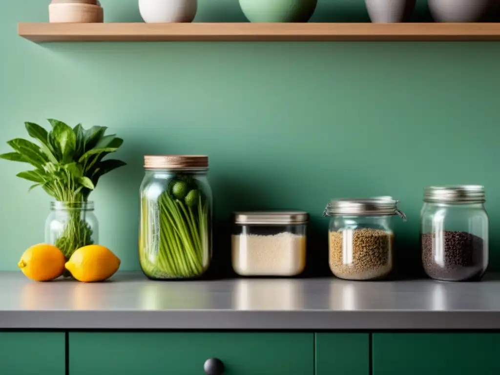 Una cocina moderna con elementos zero waste ordenados y elegantes