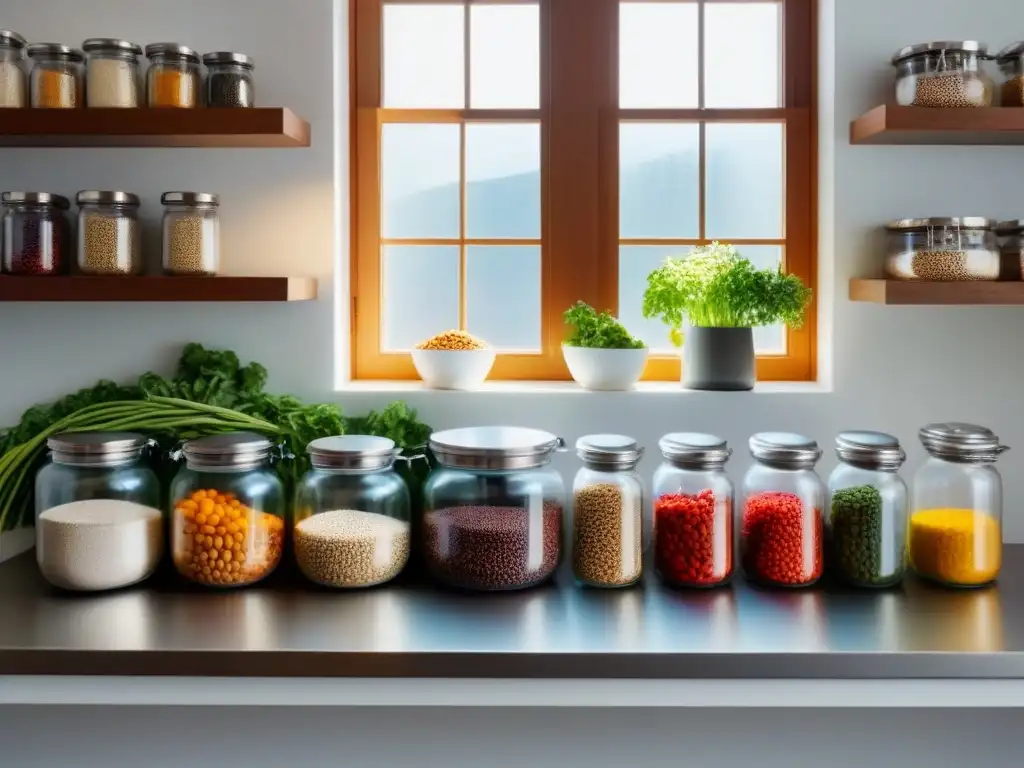 Cocina moderna con estilo zero waste, almacenando granos, legumbres y especias en frascos de vidrio