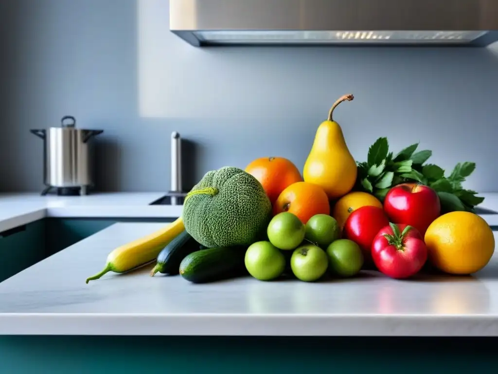 Una cocina moderna con frutas y verduras frescas en envases zero waste