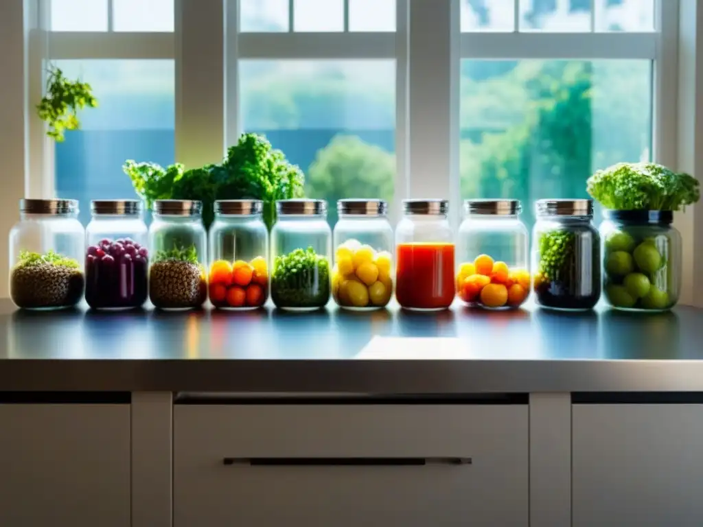 Una cocina moderna con frutas y verduras en frascos, un compostero integrado al diseño y luz natural