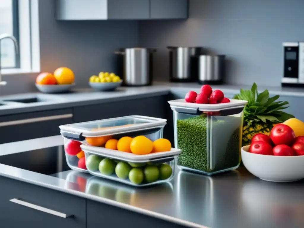 Una cocina moderna con frutas y verduras frescas en recipientes de vidrio, simbolizando una vida sostenible y libre de riesgos de Bisfenol A