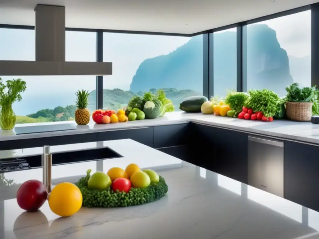 Una cocina moderna con frutas y verduras coloridas en recipientes de vidrio sobre una encimera de mármol, reducir huella química estilo vida