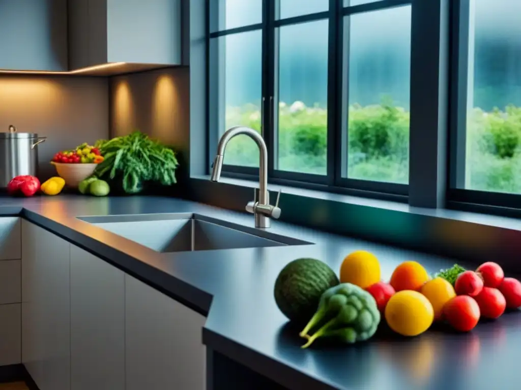 Una cocina moderna con frutas y verduras rescatadas, colores vibrantes y luz natural