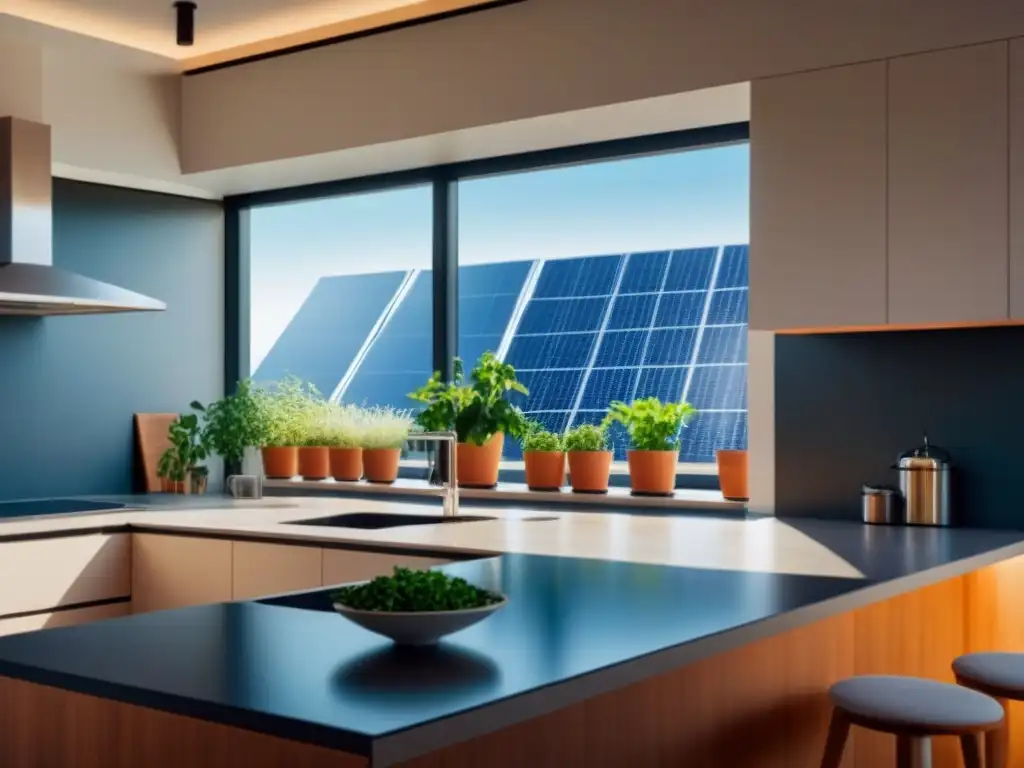 Cocina moderna iluminada por paneles solares con ventajas energía renovable vida cotidiana