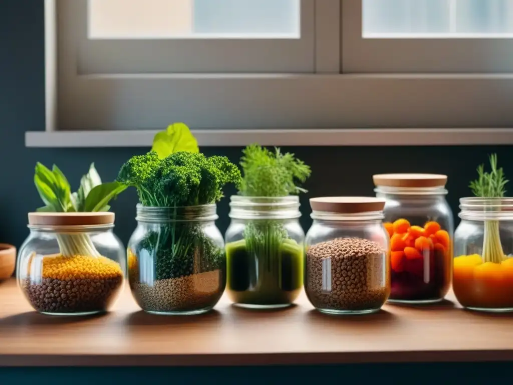 Cocina moderna con ingredientes frescos en tarros de vidrio y recipientes de madera, iluminada por el sol