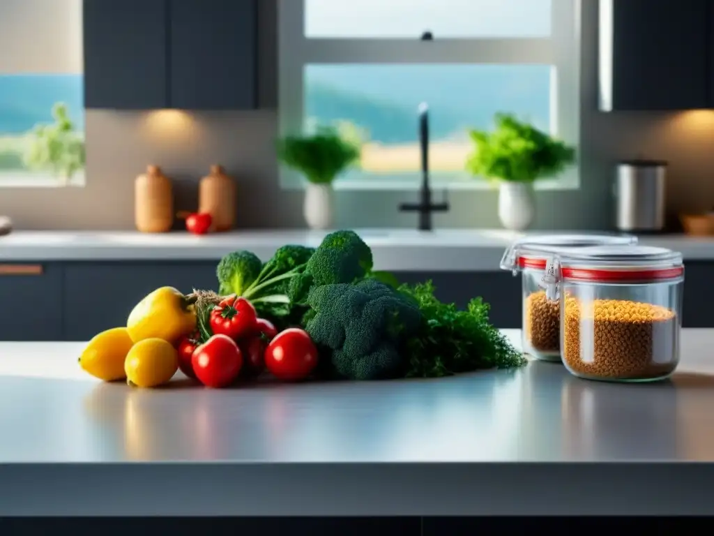 Una cocina moderna con ingredientes orgánicos, iluminada por el sol