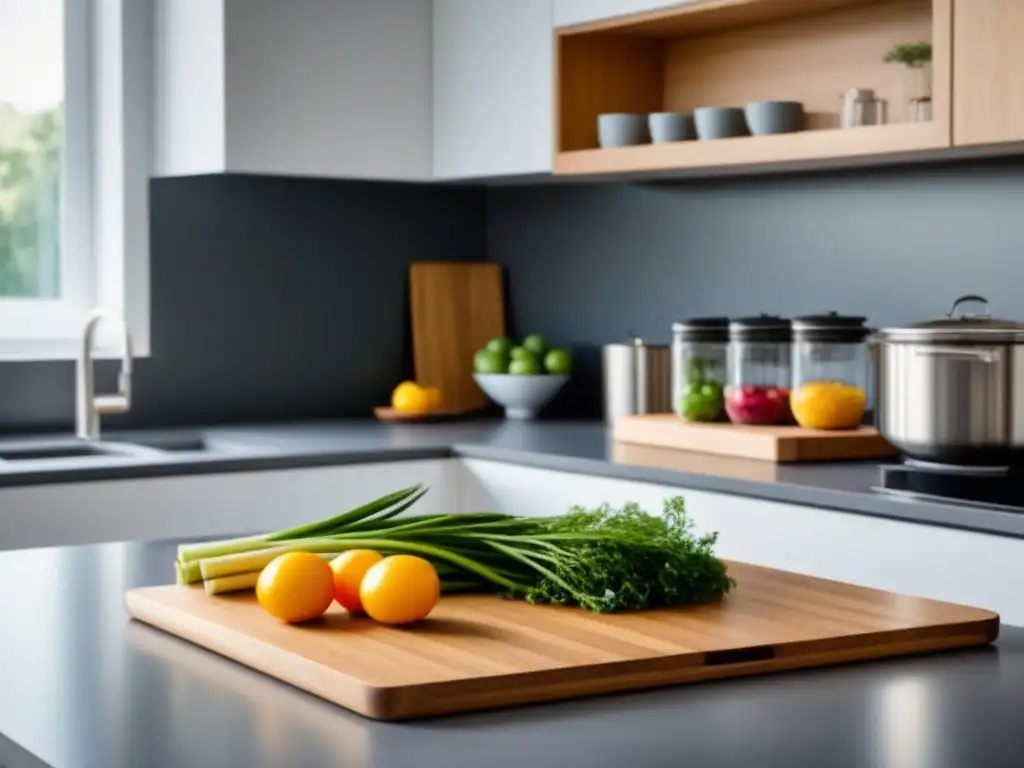 Cocina moderna y minimalista, bañada por luz natural, con productos frescos en envases reutilizables