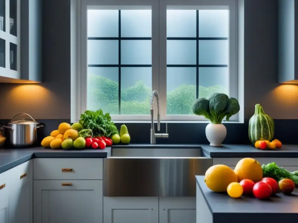 Una cocina moderna y minimalista llena de frutas y verduras coloridas, con luz natural