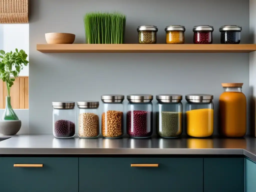 Una cocina moderna y minimalista, organizada con utensilios ecofriendly y ingredientes a granel