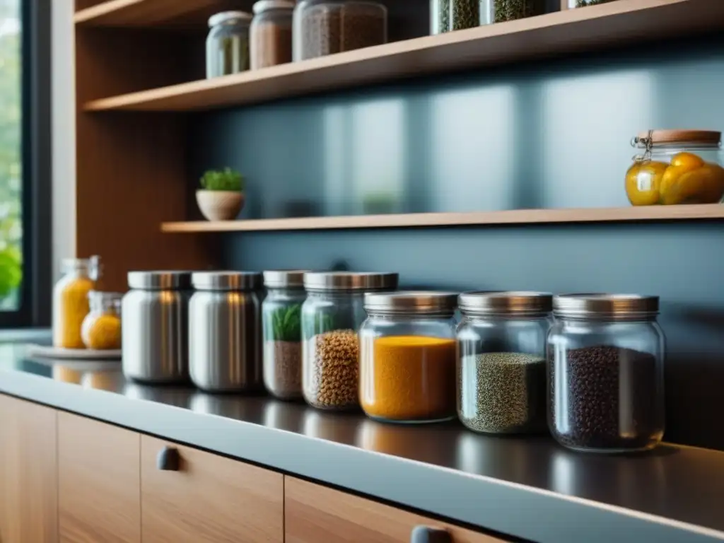 Una cocina moderna y minimalista con utensilios reutilizables y botes de vidrio organizados, inspirando a seguir consejos para vida zero waste