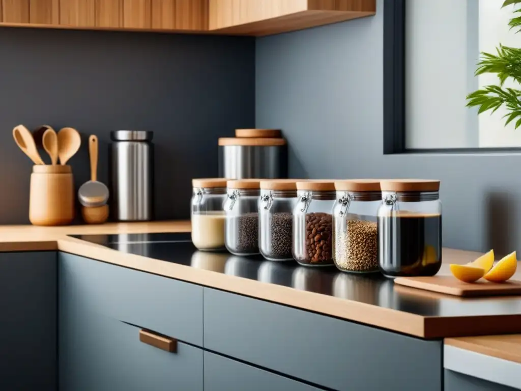 Una cocina moderna y minimalista con utensilios ecofriendly